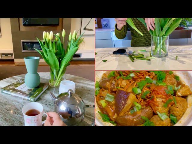 How I enjoy my daily life | Make up living room with fresh Flowers | Rainbow salad | Tofu pot