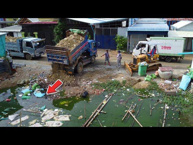 FIRST Job Dump Truck 5Ton Filling stone into water, Bulldozer D21P technique Pushing Soil, Mix VDO