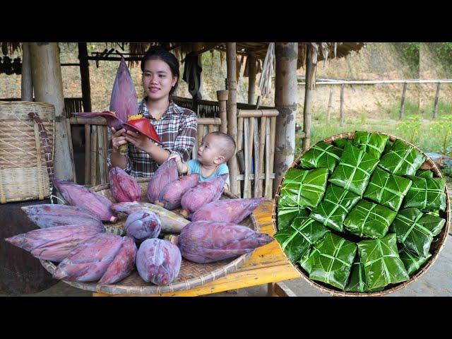 Recipe for making Banana Flower cake with meat filling from natural leaves to sell at the market.