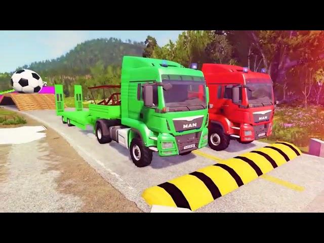 Double Flatbed Trailer Truck Vs Speedbumps Train Vs Cars Beamng.drive In Reverse!  #271