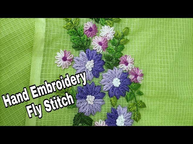 Hand Embroidery Fly Stitch, Lazy Daisy Stitch / Daily Wear Kotta Saree With Hand Embroidery Design