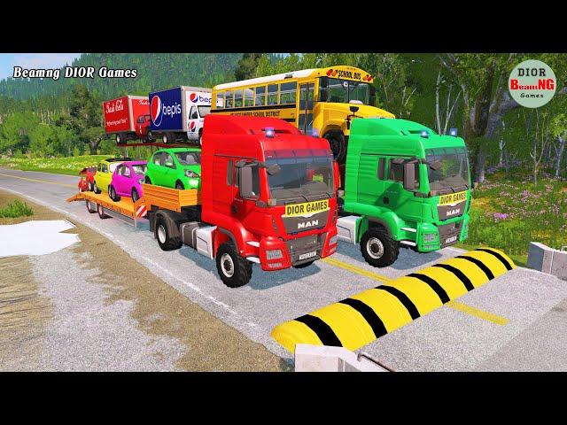 Double Flatbed Trailer Truck cars vs rails tractor vs train cars vs bollards Beamng Drive 616