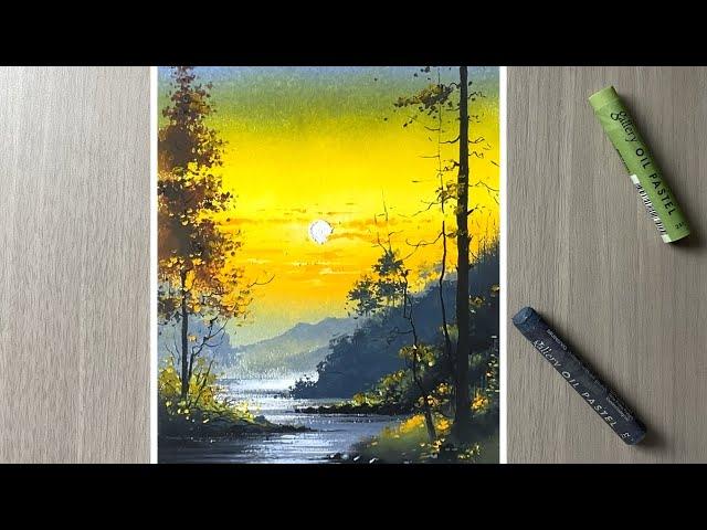 Beautiful sunset painting - oil pastel art