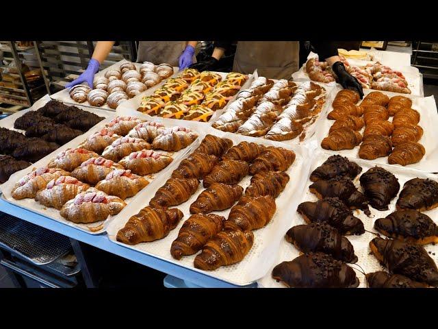 amazing various croissant mass making (chocolate, ham cheese, strawberry) - korean street food