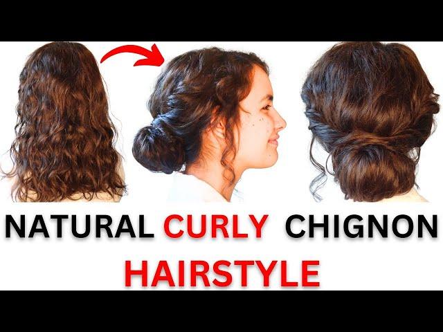 Natural Curley hair / Easy chignon hairstyle - low chignon for long to medium hair.