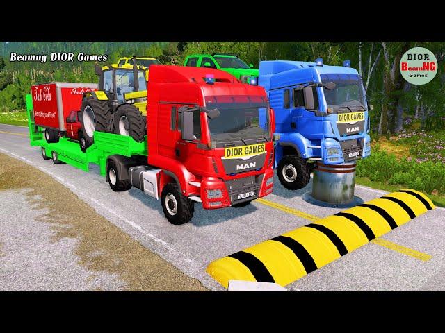 Double Flatbed Trailer Truck cars vs rails tractor vs train cars vs bollards Beamng Drive 412