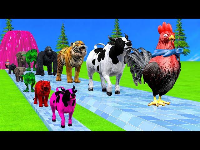 Paint & Animals Cow,Monkey,Dog,Rabbit,Tiger,Elephant Fountain Crossing Transformation Animal Cartoon