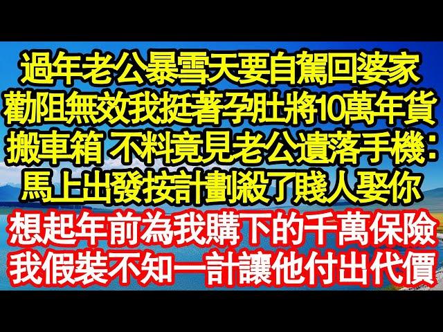 過年老公暴雪天要自駕回婆家，勸阻無效我挺著孕肚將10萬年貨，搬到車箱 不料竟見老公遺落手機：馬上出發按計劃殺了賤人娶你，想起年前為我購下的千萬保險真情故事會||老年故事||情感需求||愛情||家庭