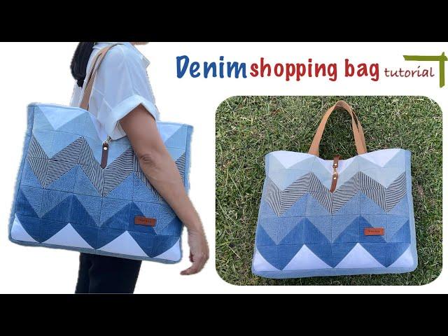 Sewing diy denim patchwork large shopping bag tutorial ,Diy denim tote bag ,Patchwork jeans bag idea