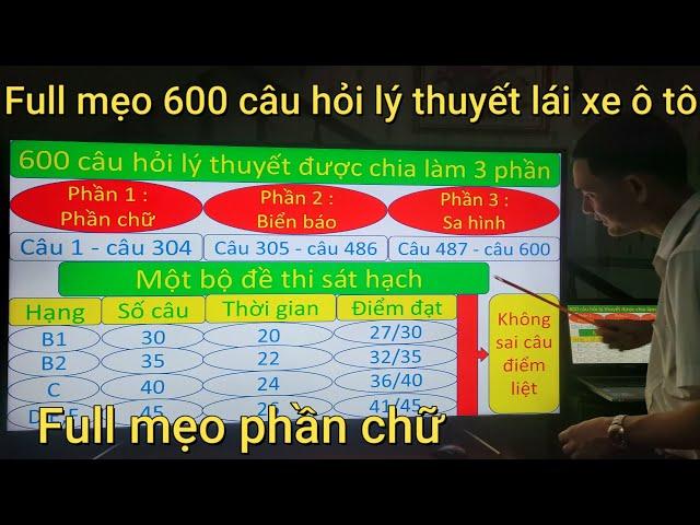 Full mẹo phần chữ 600 câu hỏi lý thuyết lái xe ô tô - Thầy Tâm