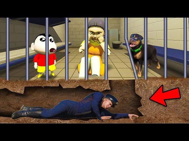 Franklin a Dig a Secret Tunnel to Escape Shin Chan & Squid Doll & Chop from Jail in Gta 5 in Telugu