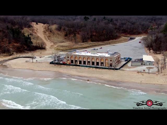 High water & Erosion Indiana Dunes State Park, Porter Beach & Dune Acres Shoreline Drone footage 4K