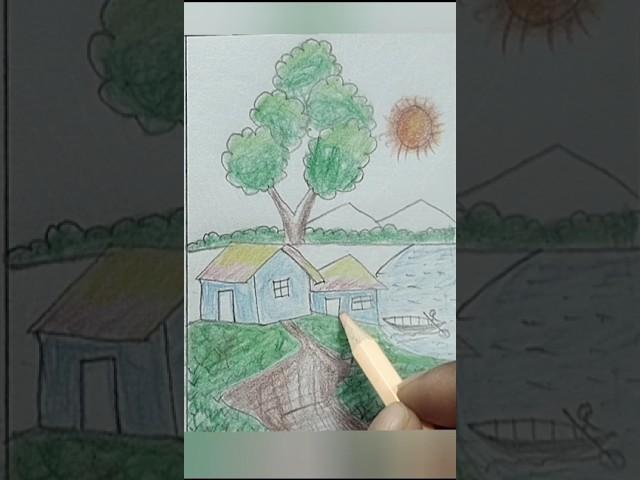 Beautiful village drawing scene