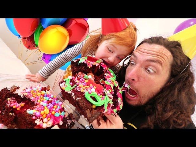 CAKE SURPRiSE PARTY with ADLEY!! Learning to make & decorate birthday cake with Dad  (Mom Hands)