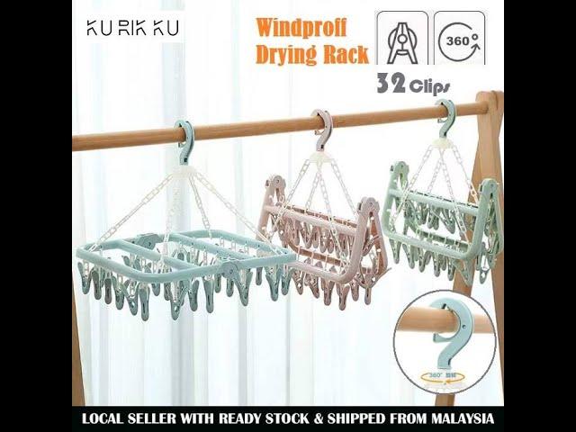 Windproof 32 Peg Swivel Folding Laundry Drying Rack Clip Clothes Hanger Clothespin