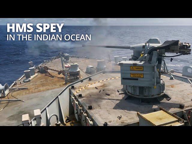 HMS Spey conducts gunnery and winching exercises in the Indian Ocean