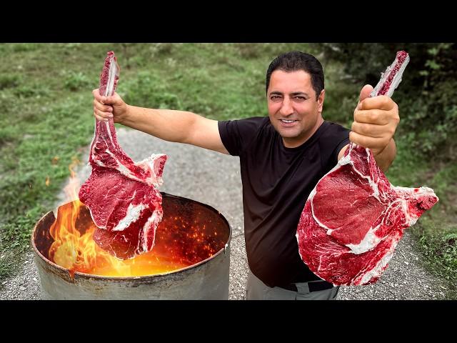 Recipe for Real Tomahawk Steaks on the Fire! Making a Homemade Barrel Grill for Outdoor Cooking