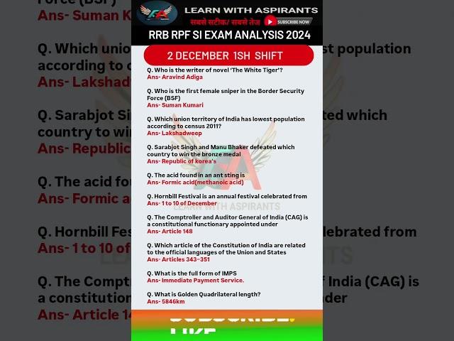 RPF SI Exam Analysis 2024 | 02 Dec 1st Shift Exam Review | RPF SI Paper Solution | RRB RPF SI EXAM