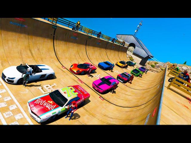 YELLOW SUPER Ramp Сhallenge MOTO-CARS SpiderMan & Superheroes GTAV MODS ! Большой Челендж Супергерои