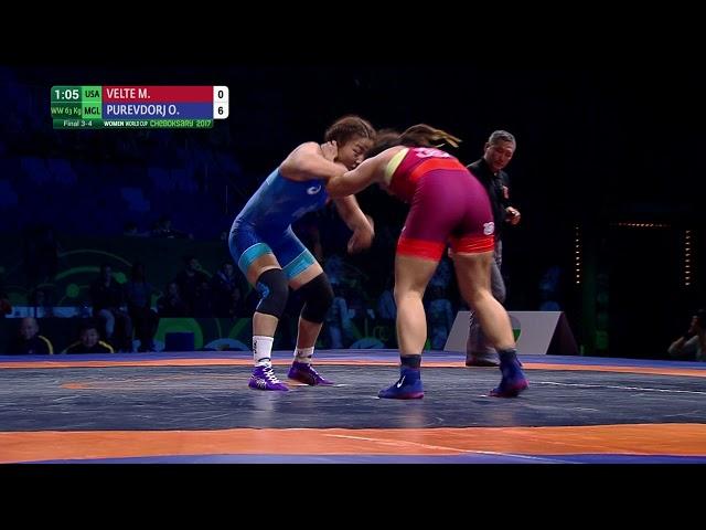 BRONZE WW - 63 kg: O. PUREVDORJ (MGL) df. M. VELTE (USA) by VFA, 10-4