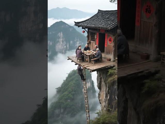 绝壁上的午餐！看他们如何攀爬悬崖梯！#治愈风景 #田园生活 #儿时记忆 #乡村#治愈系#8090年代的童年记忆#悬崖上的温馨#暖心  #chinatravel #travel
