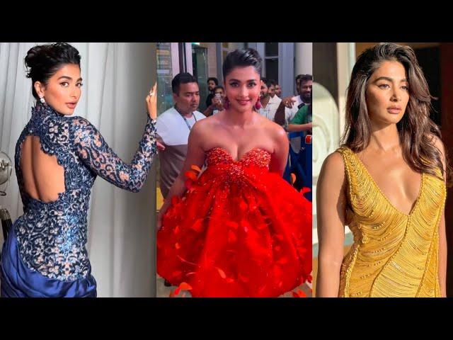 Pooja Hegde Latest Off Shoulder Orange Gown and Radiant Navy Blue Satin and Lace Gown Looks Part 8