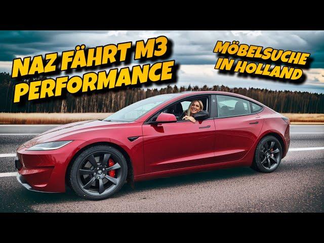 Für Naz das erste Mal im Tesla Model 3 Performance! Ausflug zum Möbelhaus in Holland.