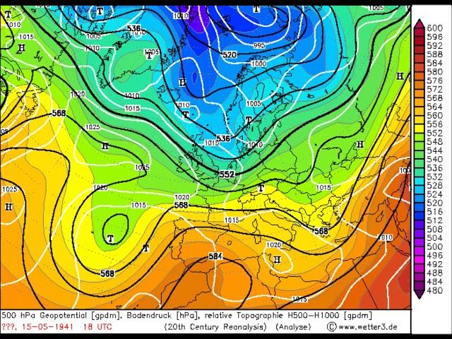 Архив погоды | 1941 год. Высота геопотенциала 500 гПа и атмосферное давление на уровне моря
