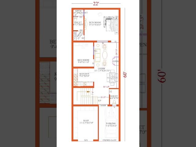 22X60 2BHK House Plan + Shop + Parking