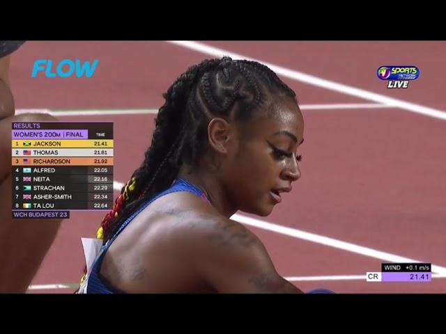 Shericka Jackson wins the women's 200m final at the WC in Budapest Hungary in a time of 21.41 secs.