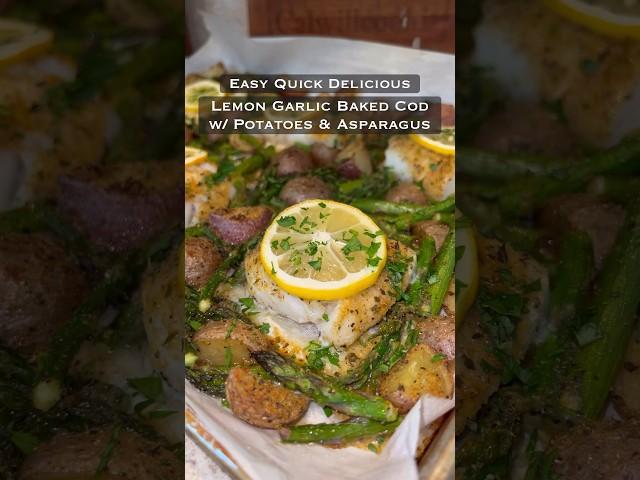 One Pan Lemon Garlic Baked Cod w/ Potatoes & Asparagus
