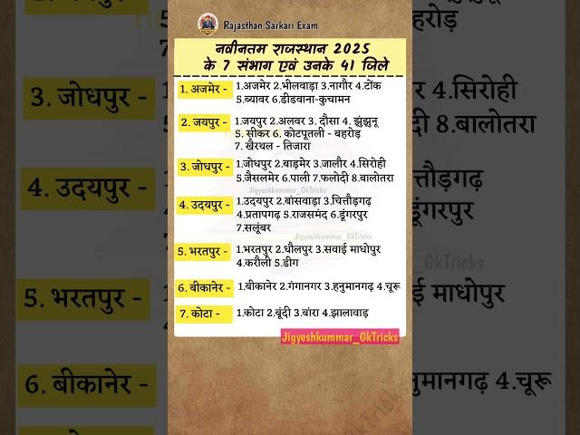 नवीनतम राजस्थान 2025 के 7 संभाग एवं उनके 41 जिले। #rajasthangk #rajgk