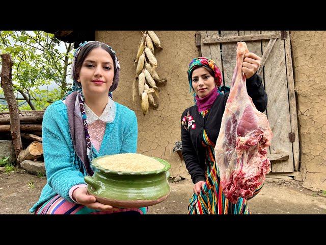 Rice Stuffed with Lamb Meat, Raisins and Dried Fruits Cooked in Village