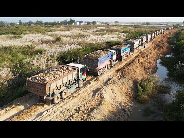 Road Building In The Background Are Stunning Dump Truck Huge Moving Dirt Power Dozer Pushing