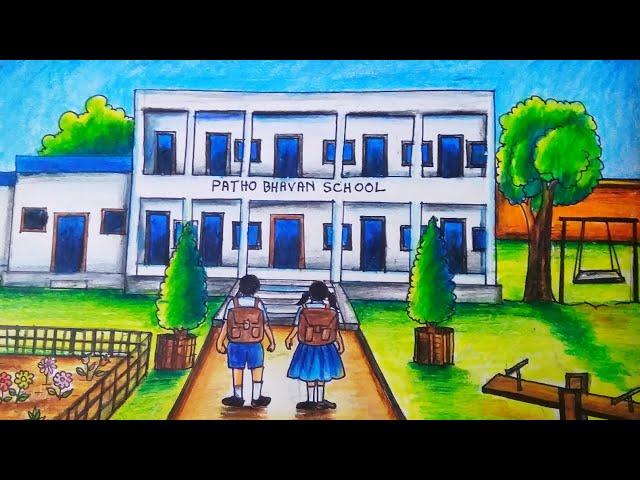 School scenery drawing for competition/ My school drawing with oil pastel/@Art by Sukanta