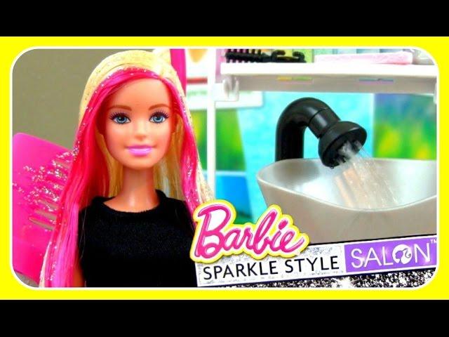 BARBIE Sparkle Style Salon!  Comb On Glitter & REAL WORKING SINK!  Give Barbie A CUTE FUN MAKEOVER!