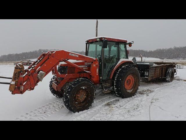 Cleaning the Barn and Slicing a Round Bale on a Snowy December Day!