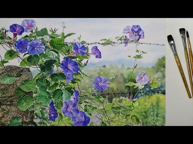 Watercolor Morning glory Landscape Painting