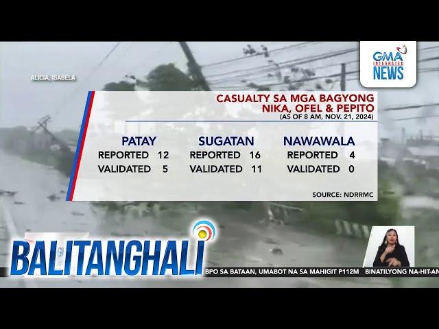 Casualty sa mga Bagyong Nika, Ofel at Pepito (as of 8 a.m., Nov. 21, 2024) | Balitanghali