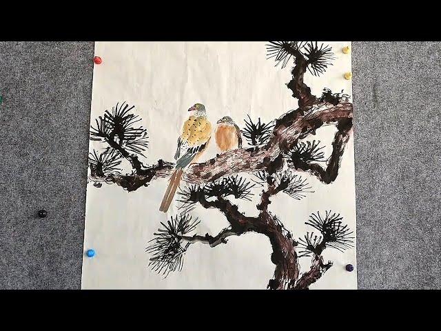 Ink Wash Painting of Birds and Pine Tree