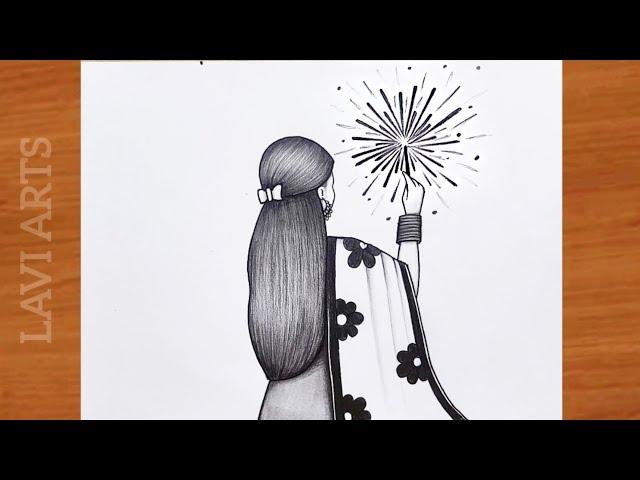 How to draw Girl Burning Crackers | Diwali drawing | Happy diwali drawing | Diwali Drawing Pictures