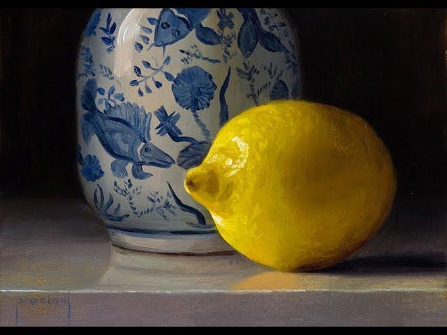 Time Lapse Oil Painting Demo - Lemon with Blue and White Vase