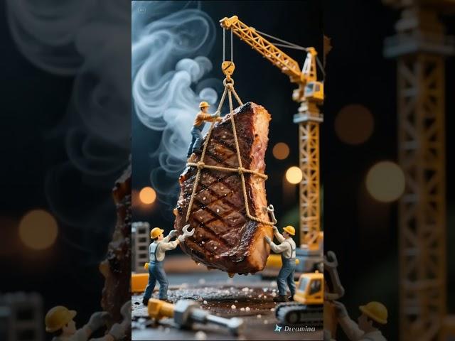 “Tiny Workers Lift a Giant Steak—Late Night Cravings Incoming!” #minichef #tinychefs  #aivideo
