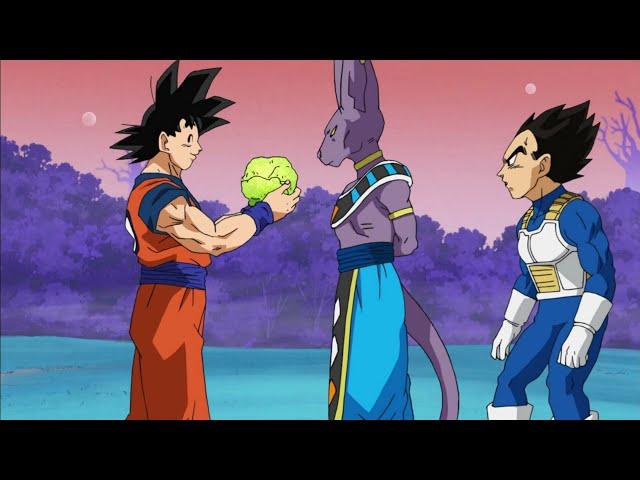 Goku presents fresh lettuce to lord beerus