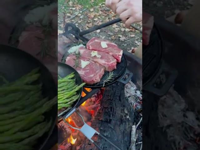 Cooking steak for dinner at camp  #camping #campfire #campfirecooking #steak #overlanding #offgrid