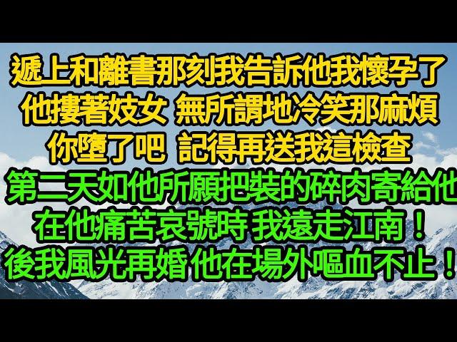 遞上和離書那刻我告訴他我懷孕了，他摟著妓女 無所謂地冷笑那麻煩你墮了吧 記得再送我這檢查，第二天如他所願把裝的碎肉寄給他，在他痛苦哀號時 我遠走江南！後我風光再婚 他在場外嘔血不止！