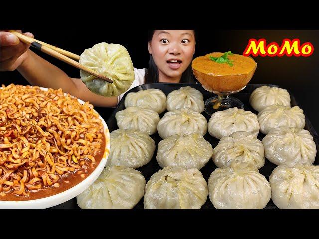 Eating Big Juicy Pork Momo With Spicy Blackbean Noodles, Momo Mukbang & Spicy Noodles Nepali Mukbang