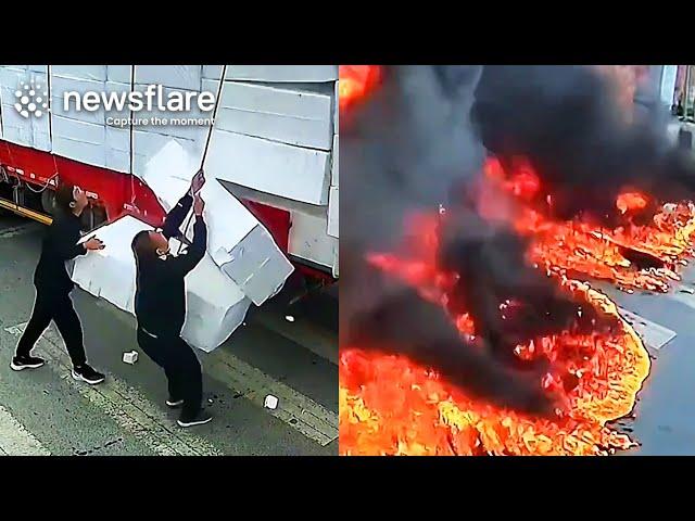 Massive Fire Engulfs Truck Carrying Foam Blocks || Newsflare