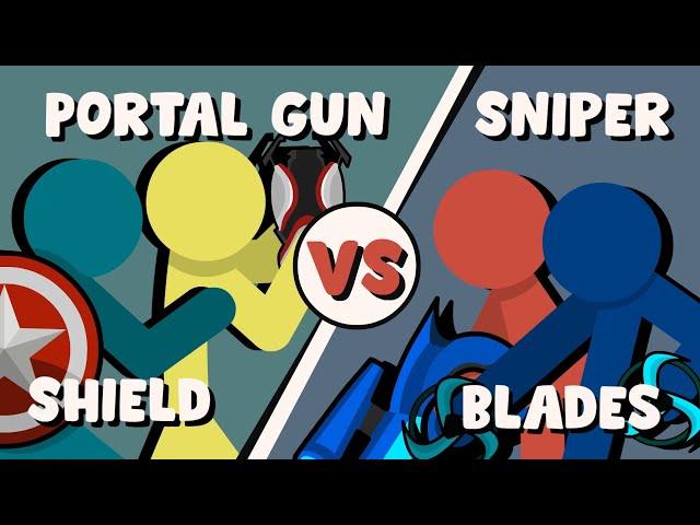 Supreme Duelist Stickman Animation: Portal gun x Shield vs Sniper x Blades