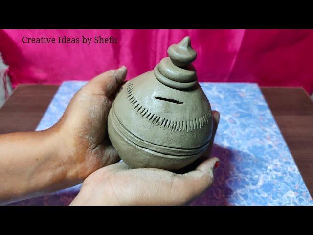 Amazing technique make DIY piggy bank without pottery wheel || money saver mini clay bank